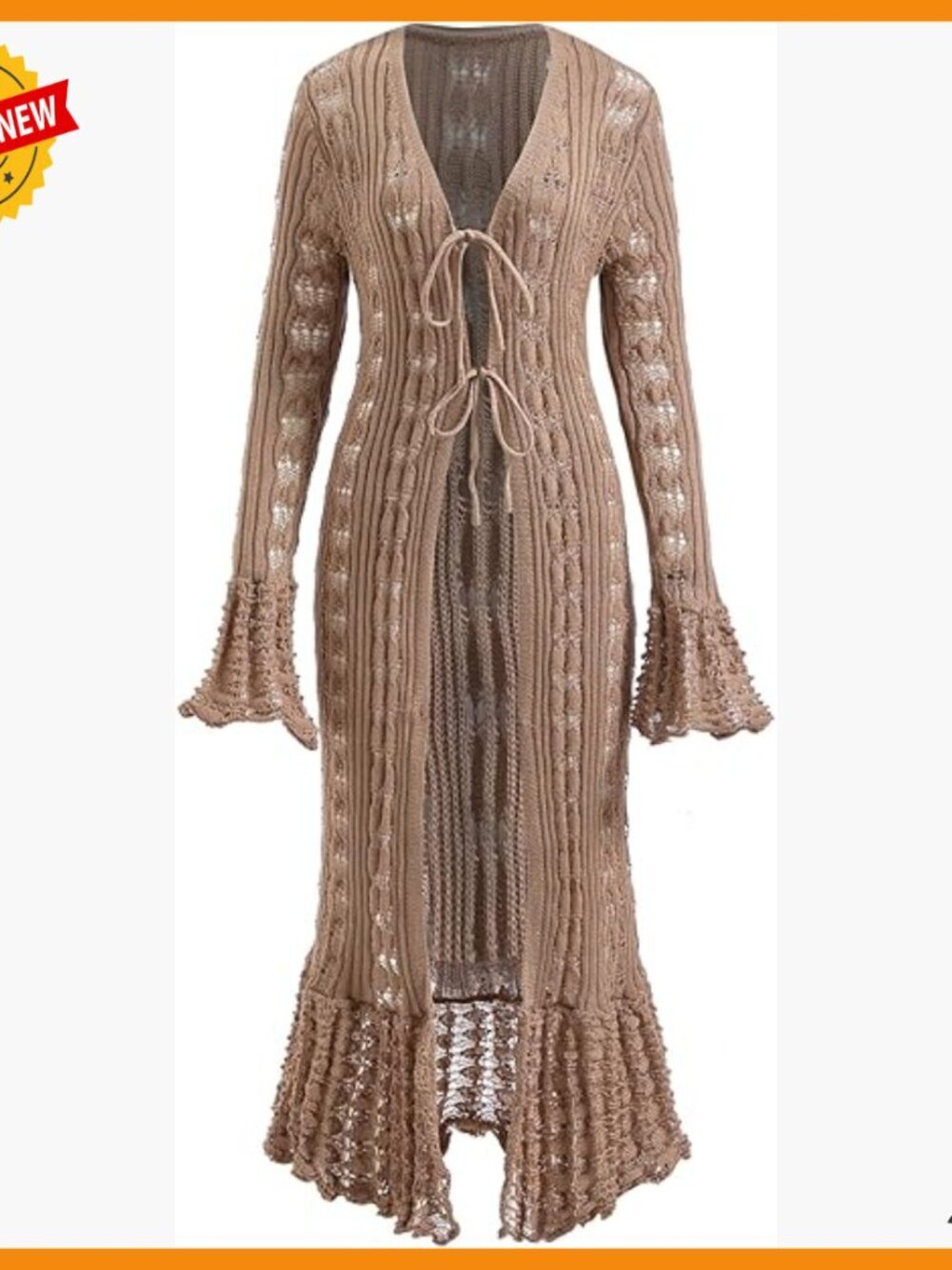 Tie Front Long Cardigan Bell Sleeve V Neck Crochet Sweater